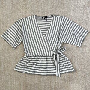 DKNY Faux Wrap Stripe Short Sleeve Blouse Top S